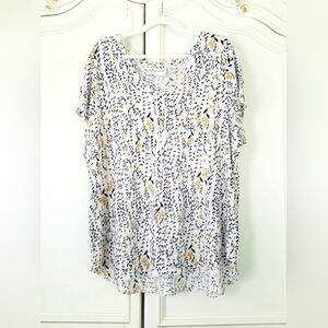 Rachel Zoe Linen Knit Blue Yellow Floral V Neck Cap Sleeve Tunic Top Womens 2X